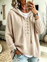 Women's Oversized Lace-Up Hooded Knit Sweater, Long Sleeve Loose Casual Pullover