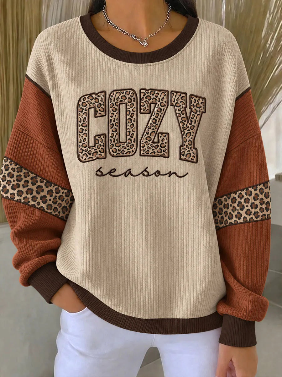 Women Cozy Season Leopard Print Colorblock Ribbed Sweatshirt