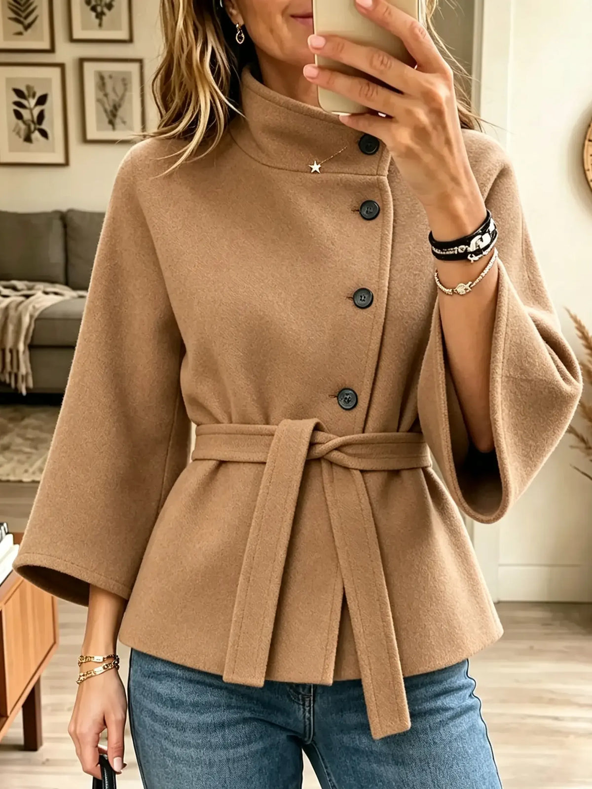 Women's Asymmetrical Button High-Neck Woolen Cape Coat