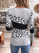Women's Leopard Print V-Neck Top with Glitter Stripe Accents