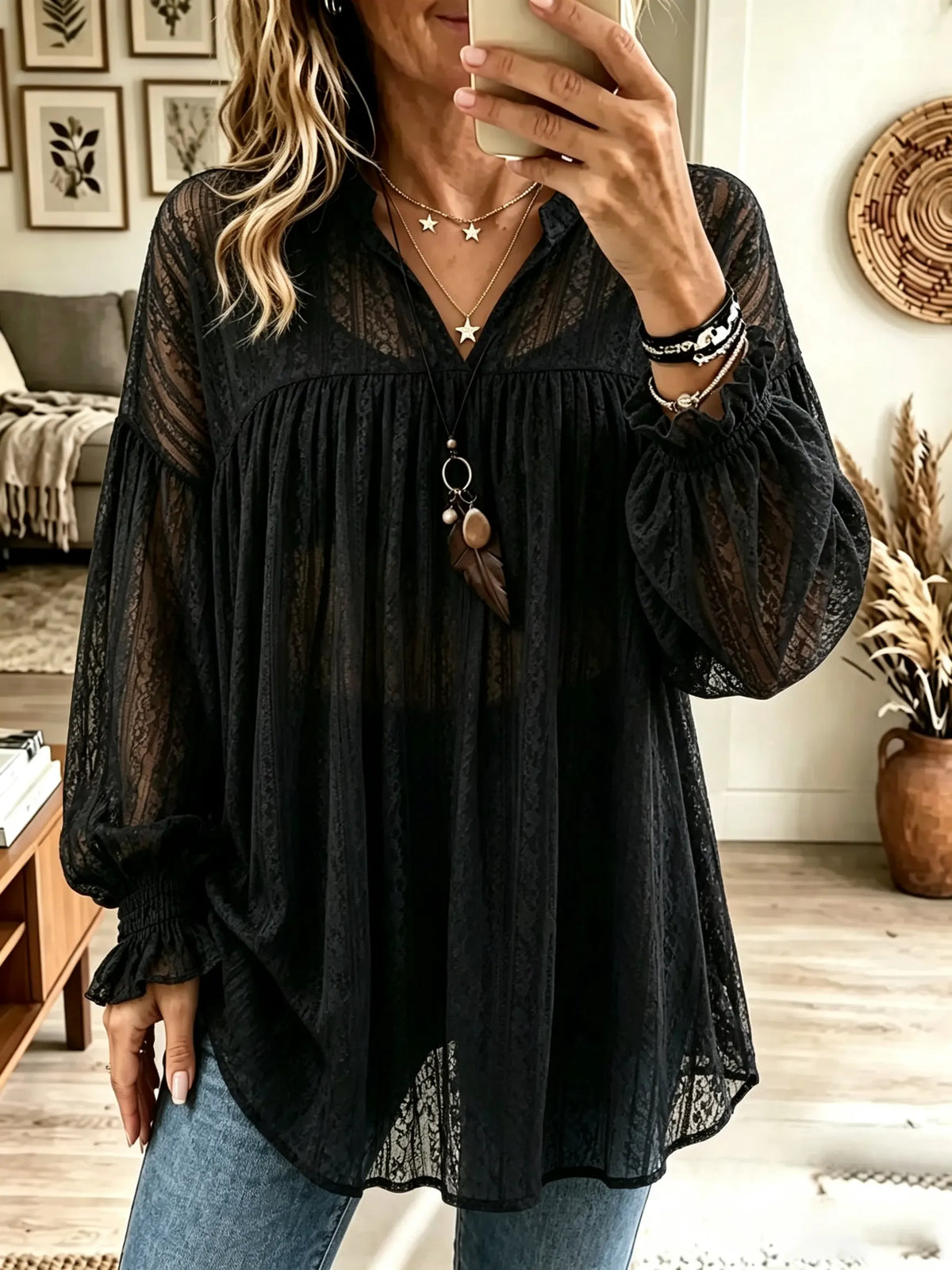 Women's Babydoll Eyelash Lace Henley Tunic Top