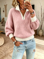 Women Solid Color Block Half Zip Collar Knit Sweater