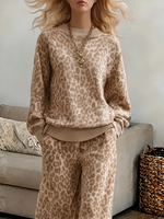 Vintage Elegant Leopard-print Sweatshirt And Casual Trousers Two-piece Set