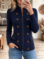 Women's Navy Blue Ribbed Knit Zip-Up Jacket with Double Buttons
