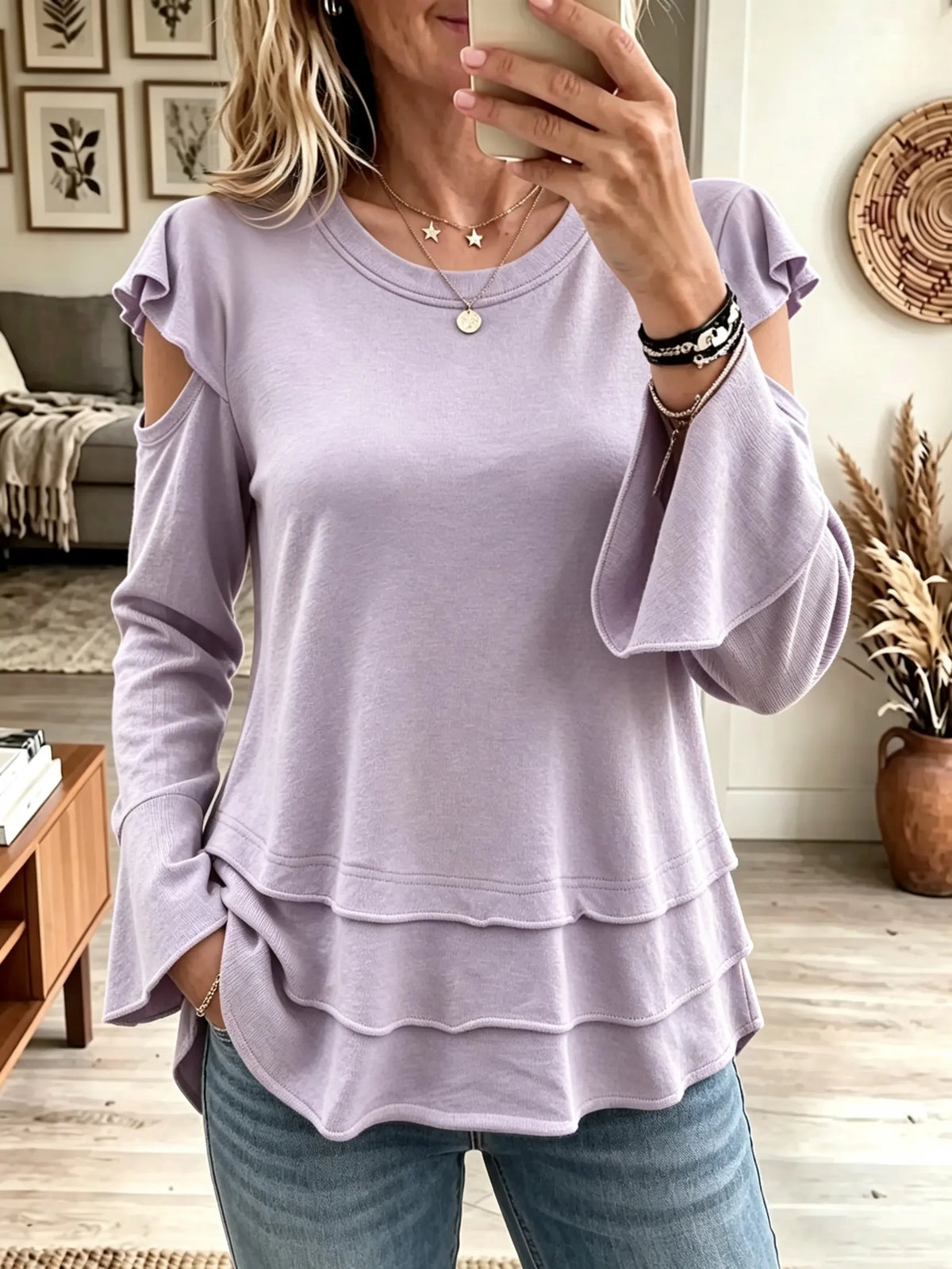 Women's Cold-Shoulder Tiered Ruffle Hem Knit Top
