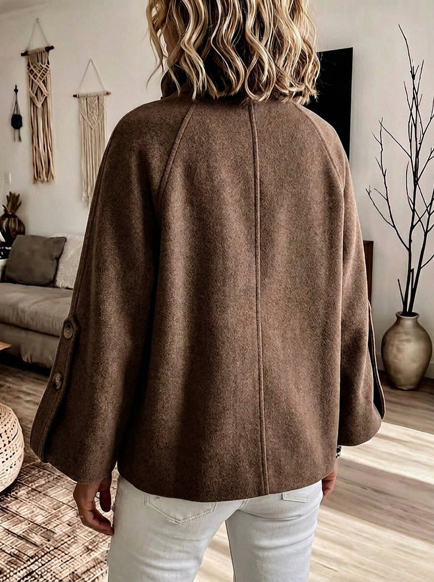Women's Stand Collar Button Accent Woolen Cape Coat