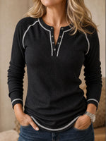 Women's Waffle Knit Henley Top, Contrast Stitch Long Sleeve Casual Blouse