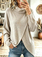 Women's Cowl Neck Wrap Knit Sweater, Long Sleeve Asymmetric Hem Loose Pullover