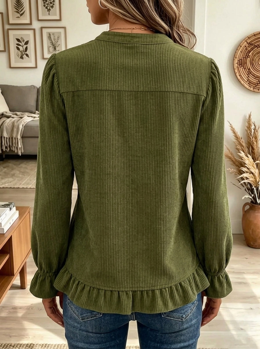 Women's Ruffle V-Neck Button Henley Corduroy Blouse