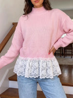 Vintage Floral Lace Patchwork Art Casual Stylish Long Sleeve Knitted Sweater