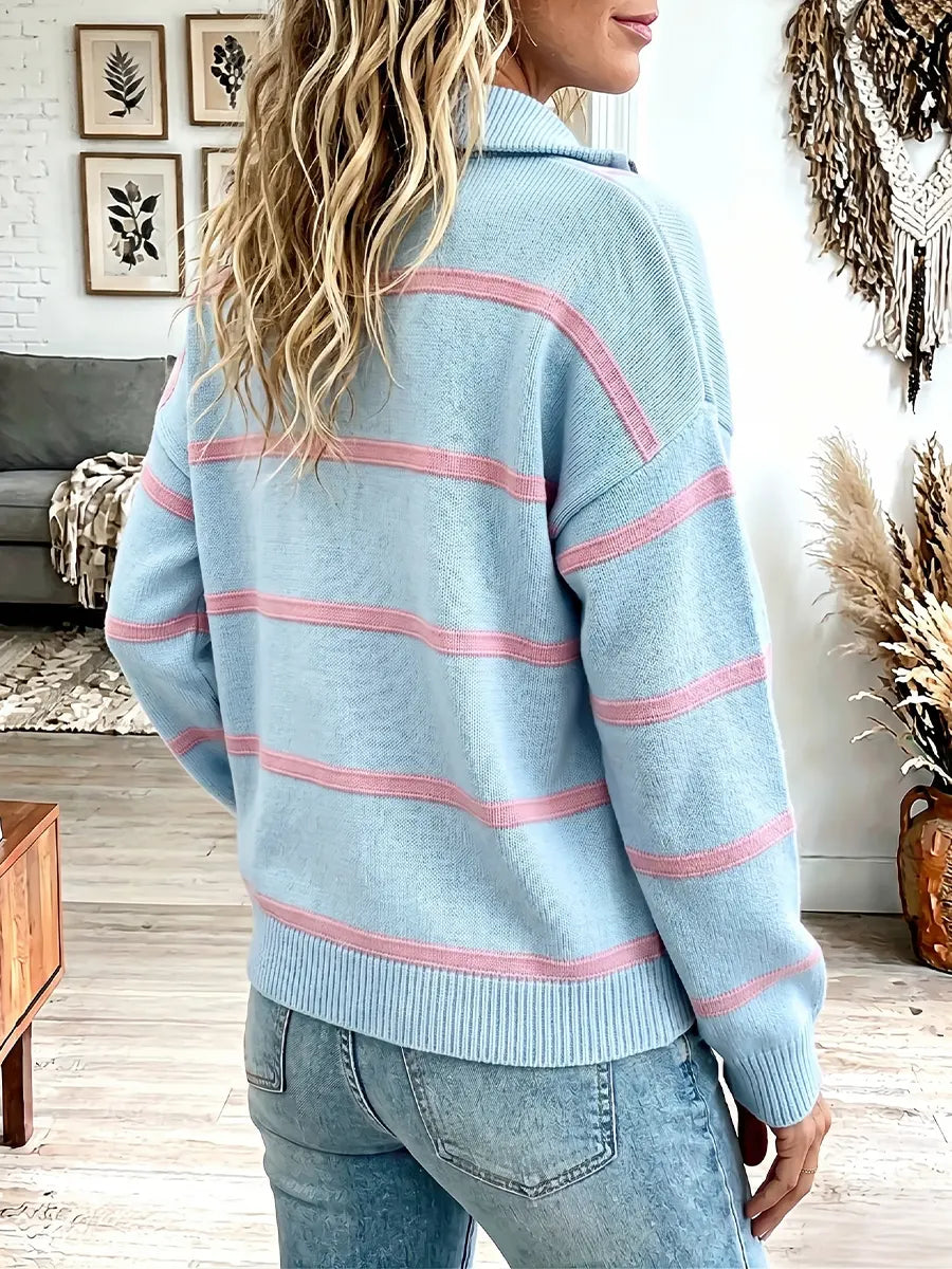 Vintage Elegant Striped Zip-neck Oversized Knit Pullover Sweater