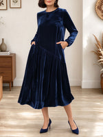 Women's Navy Blue Velvet Midi Dress with Long Sleeves and Pockets