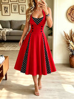 Women's Retro Halter Rockabilly Midi Dress, Polka Dot Patchwork Swing Cocktail Dress