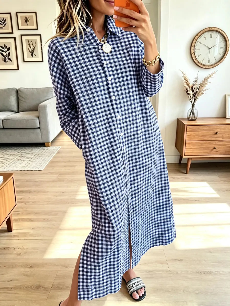 Vintage Plaid Pattern Lapel Art Casual Stylish Long Sleeve Dress