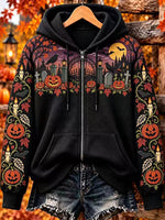 Women's Halloween Pumpkin Haunted House Print Zip Up Hoodie, Long Sleeve Graphic Sweatshirt