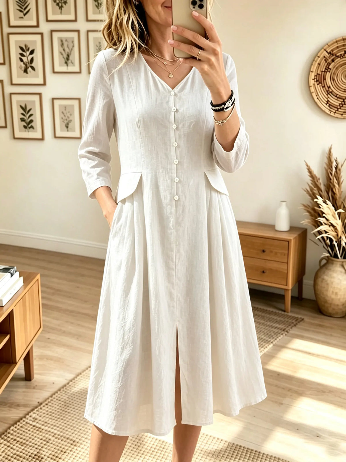 Women's V-Neck Button-Down Flap Pocket Linen Midi Dress
