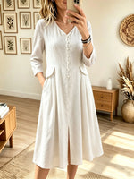 Women's V-Neck Button-Down Flap Pocket Linen Midi Dress