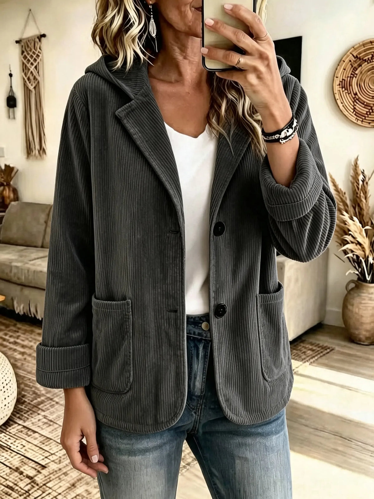 Women's Hooded Patch Pocket Corduroy Blazer