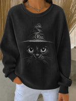 Women's Halloween Witch Cat Print Corded Sweatshirt, Round Neck Loose Casual Pullover