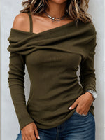 Women's Draped Off Shoulder Knit Top, Long Sleeve Slim Fit Ribbed Asymmetric Blouse