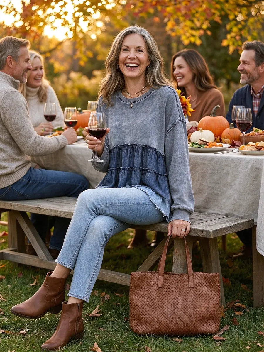 Women's Denim Patchwork Ruffled Crew Neck Long Sleeve Sweatshirt