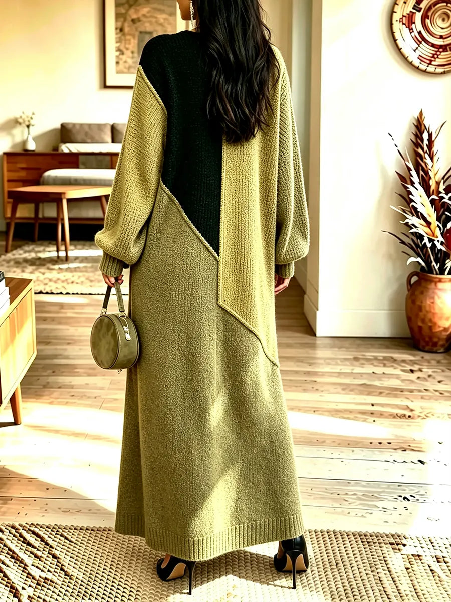Women's Color-block Asymmetric Button Long-sleeve Slit Long Knit Dress