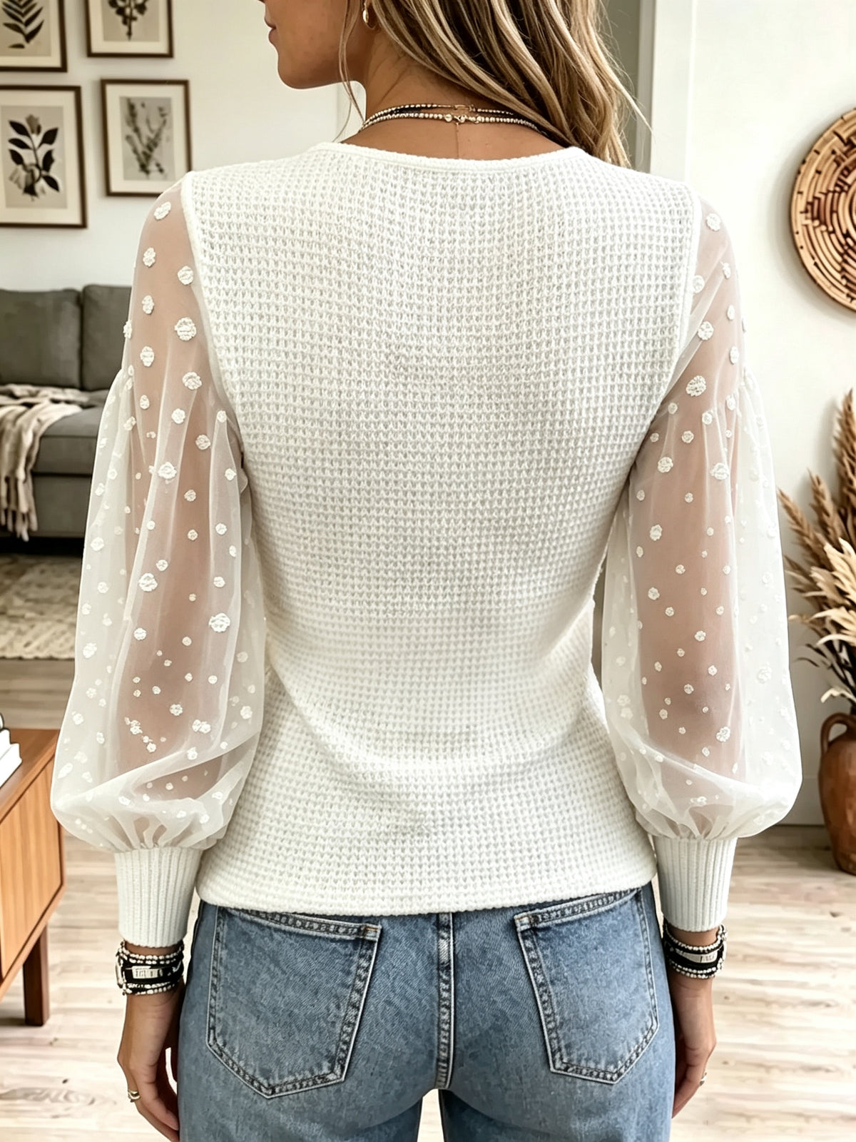 Women's Swiss Dot Sheer Sleeve Wrap Top