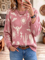 Women's Pink Western Desert Patterned Oversized Knit Sweater