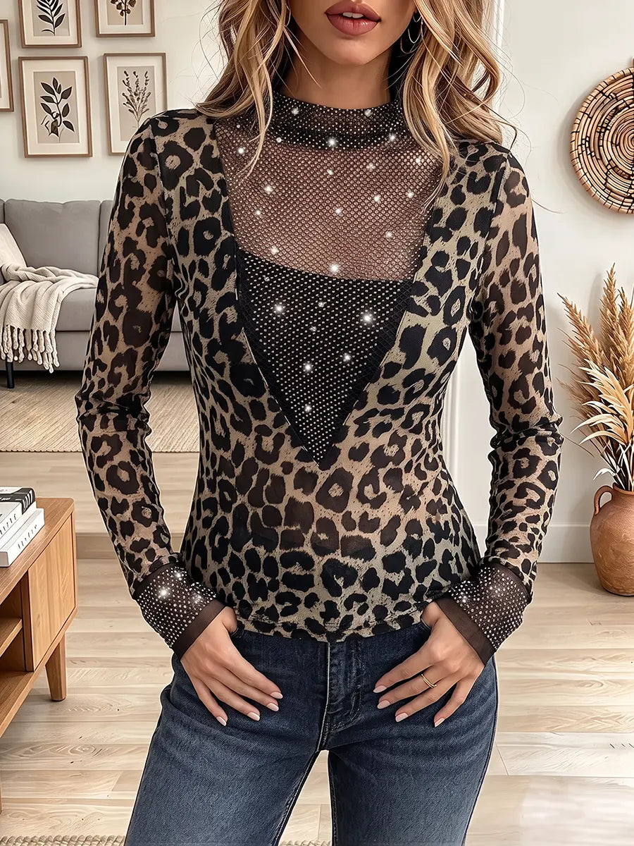 Vintage Elegant Leopard Patchwork Sheer Mesh Sparkling Shirt