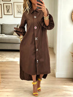 Women Brown Jeweled Button Ruffle Cuff Shirt Midi Dress