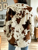 Retro Cow Pattern Fuzzy Warm Fleece Art Casual Stylish Long Sleeve Coat