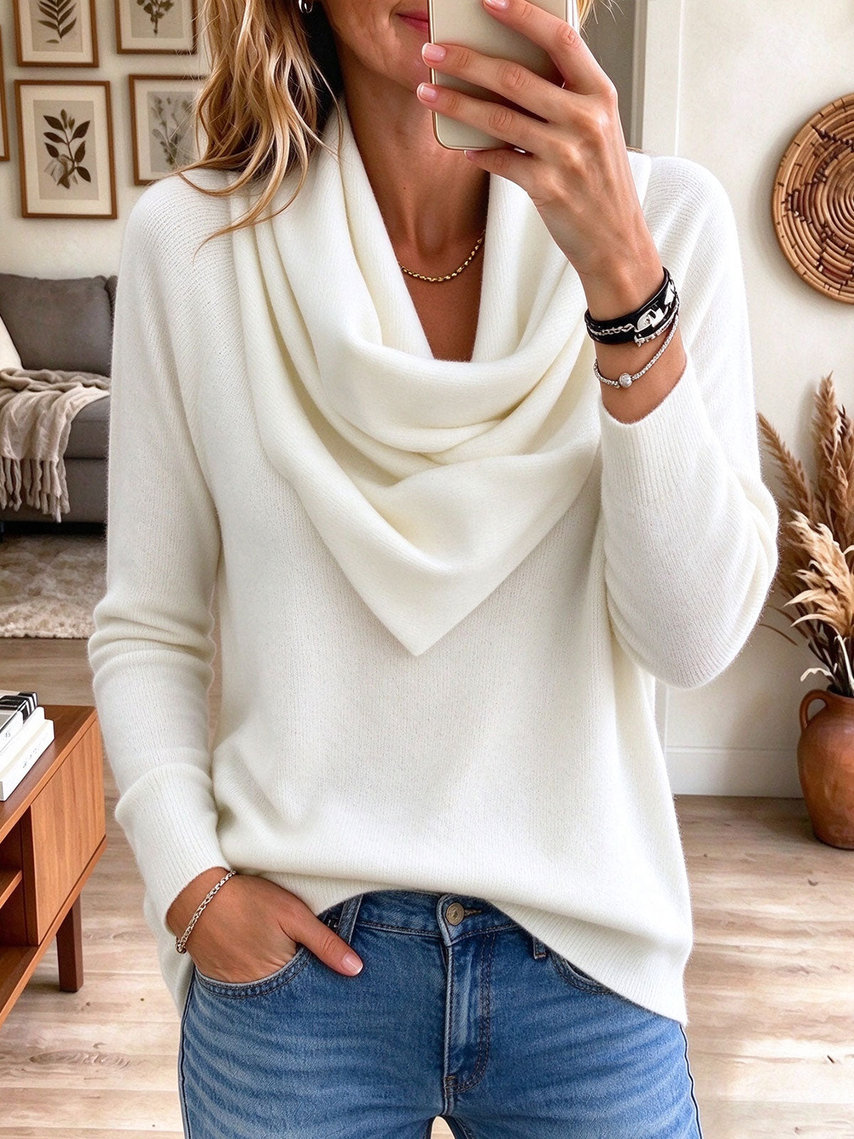 Women's White Draped Cowl Neck Long Sleeve Pullover Sweater
