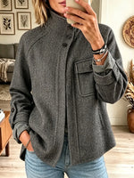 Women's Herringbone Stand Collar Short Woolen Shacket