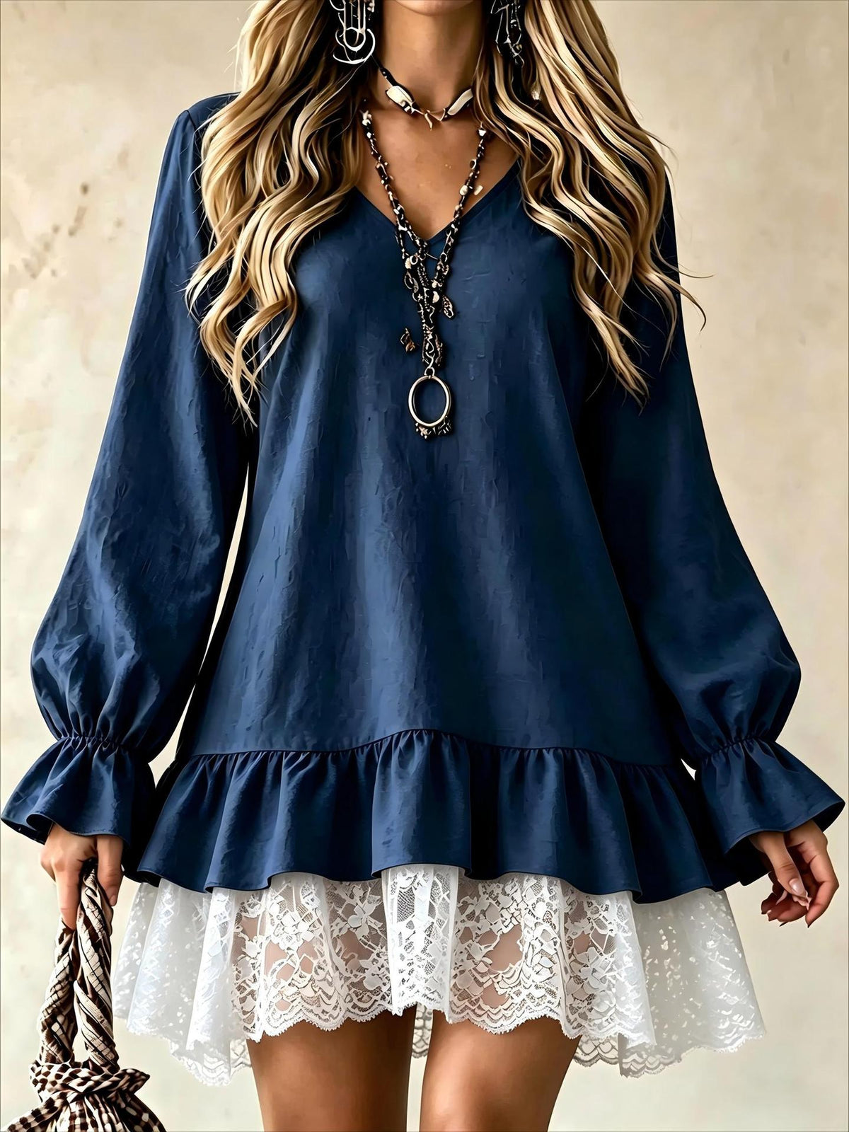 Women's Tiered Ruffle Lace Hem Babydoll Mini Dress