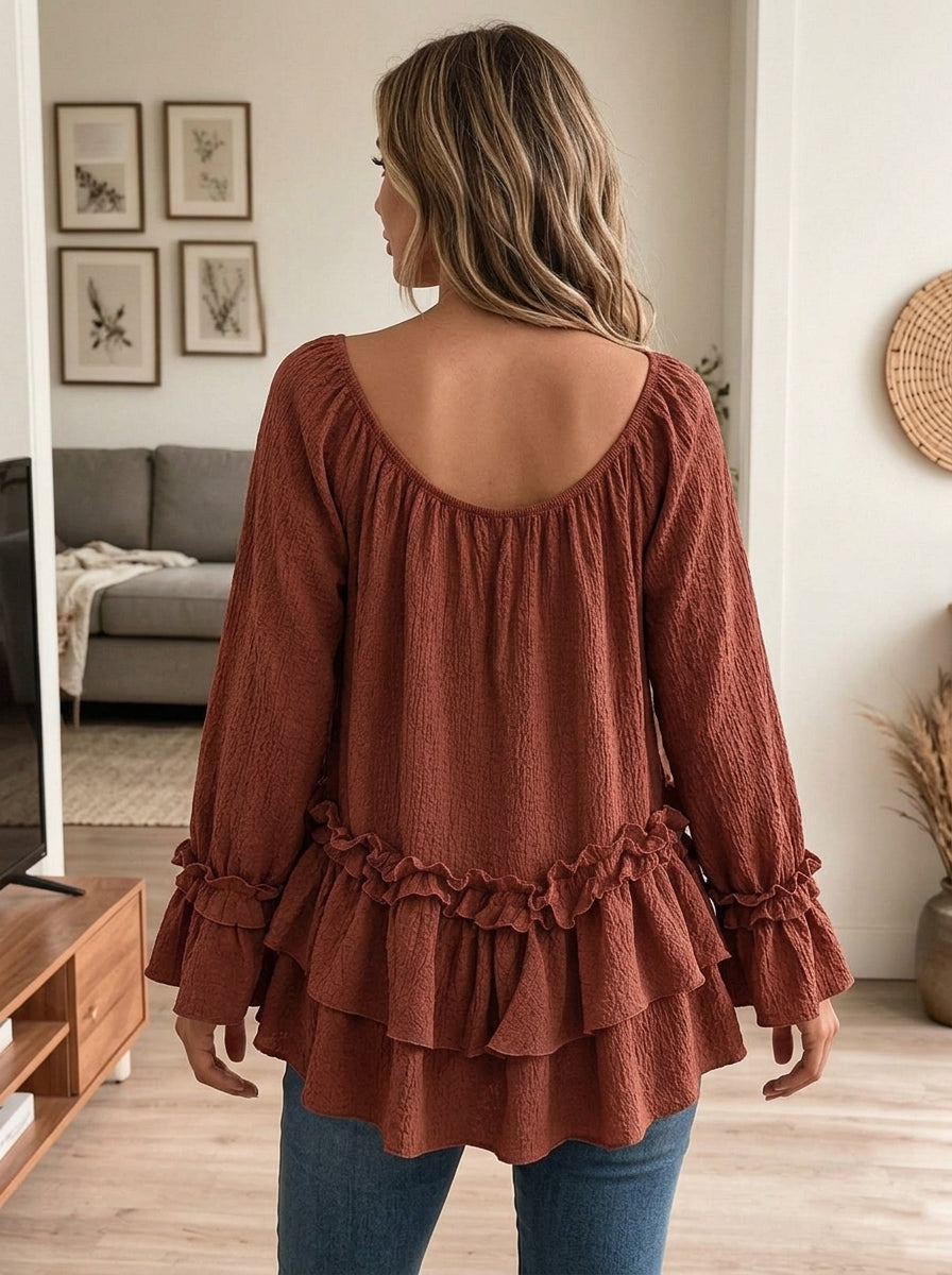 Women Off Shoulder Ruffled Tiered Long Flare Sleeve Casual Tunic Blouse