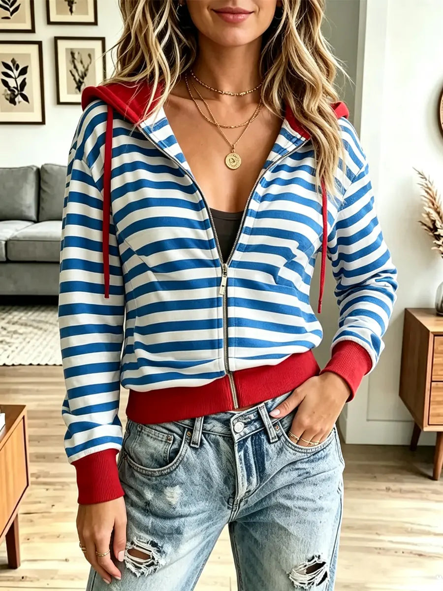 Retro Stripe Color Block Hooded Art Casual Stylish Long Sleeve Coat