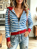 Retro Stripe Color Block Hooded Art Casual Stylish Long Sleeve Coat