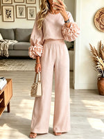 Women's Floral 3D Flower Sleeve 2 Piece Outfit, Linen Loose Top With Wide Leg Pants Set