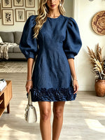 Women's Puff Sleeve Mini Dress, Round Neck Textured Fabric 3D Floral Hem A-Line Short Dress