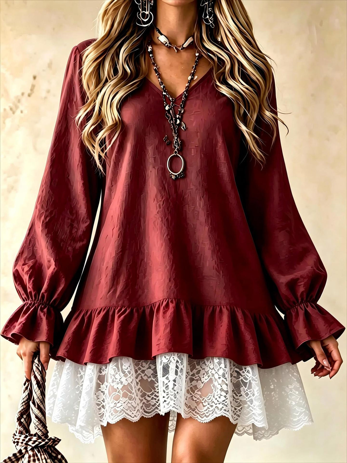 Women's Tiered Ruffle Lace Hem Babydoll Mini Dress