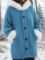 Women Blue Chunky Knit Cardigan With White Faux Fur Collar & Cuffs