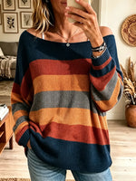 Women's Colorblock Striped Boat Neck Slouchy Sweater