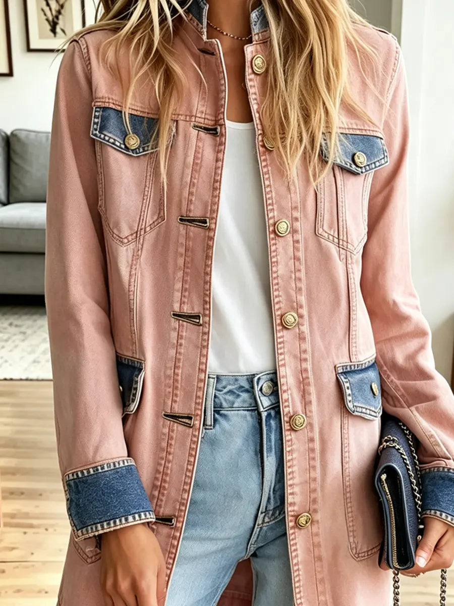 Retro Pink Button Pockets Art Casual Stylish Long Sleeve Denim Coat