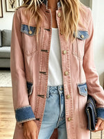 Retro Pink Button Pockets Art Casual Stylish Long Sleeve Denim Coat