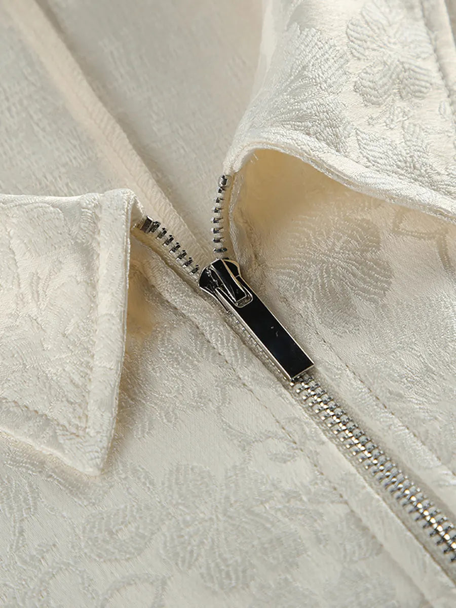 Retro Floral Pattern Lapel Zip Drawstring Waist Art Casual Stylish Long Sleeve Coat