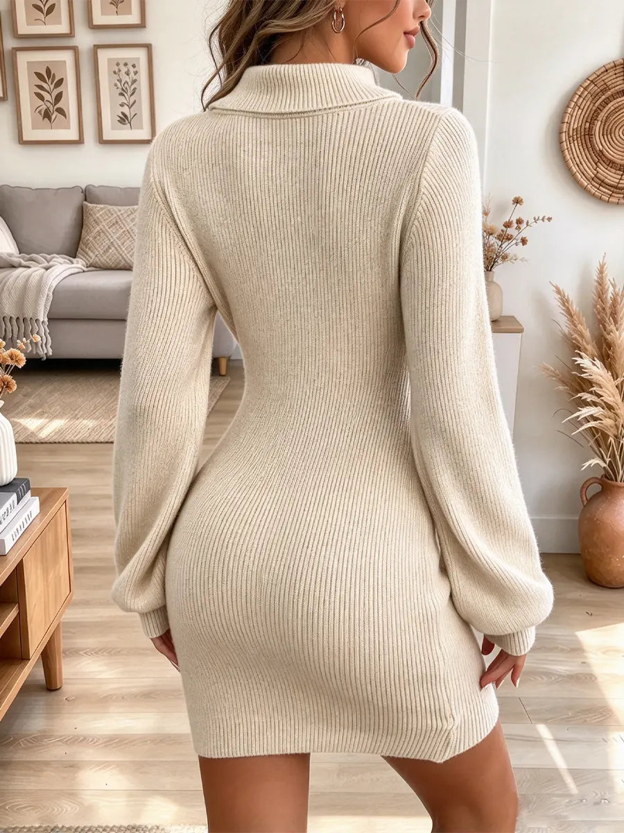 Vintage Chic Turtleneck Art Casual Knit Stylish Long Sleeve Mini Dress