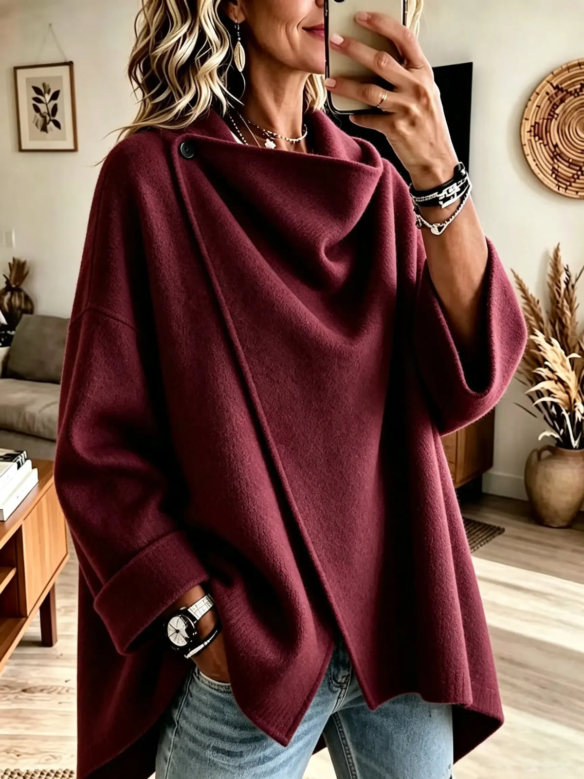 Women's Asymmetrical Button Wrap Collar Poncho