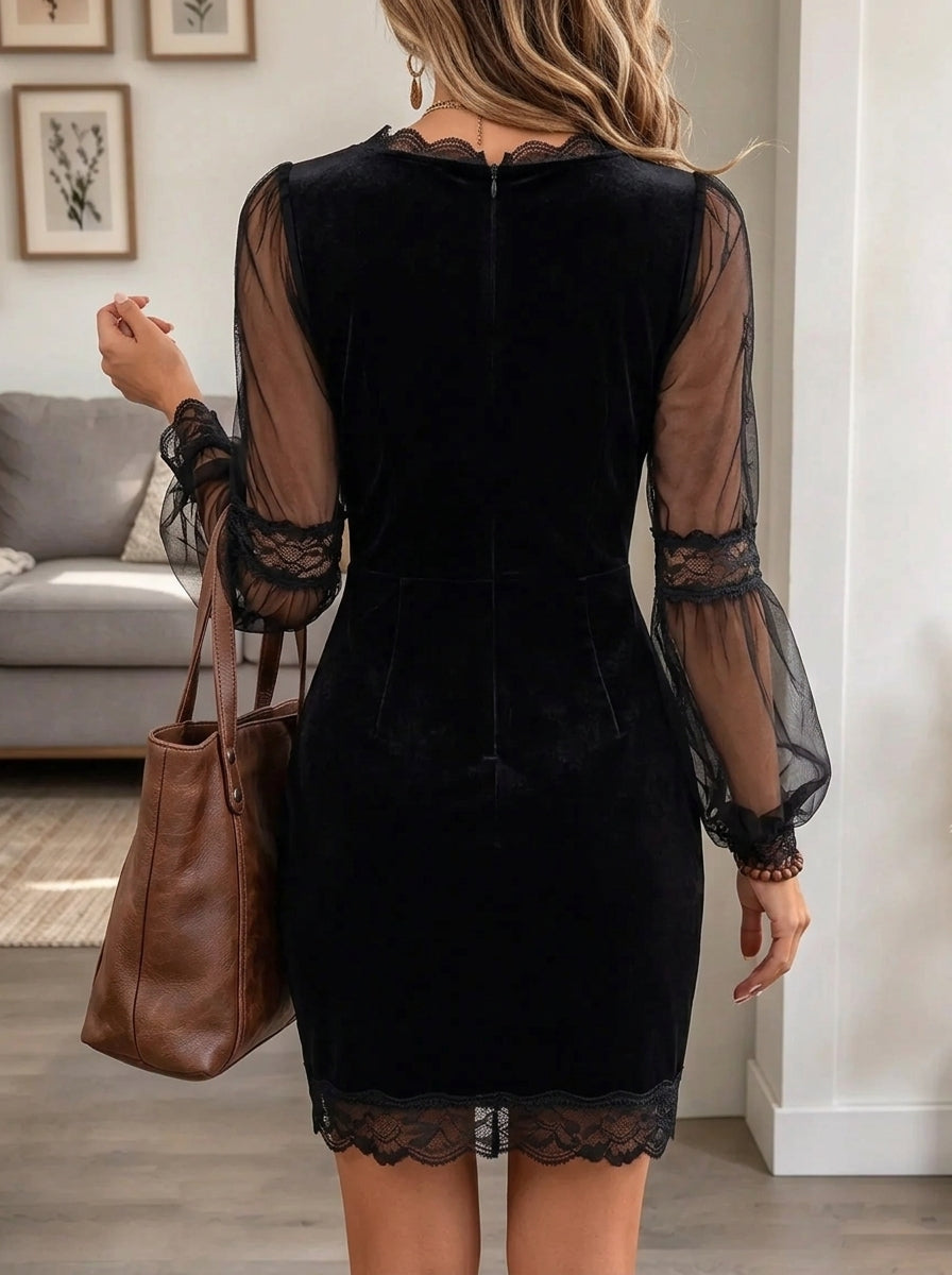 Women's Lace Trim Velvet Sheer Sleeve Mini Dress