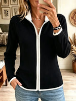 Women's Contrast Trim Full-Zip Ribbed Knit Cardigan