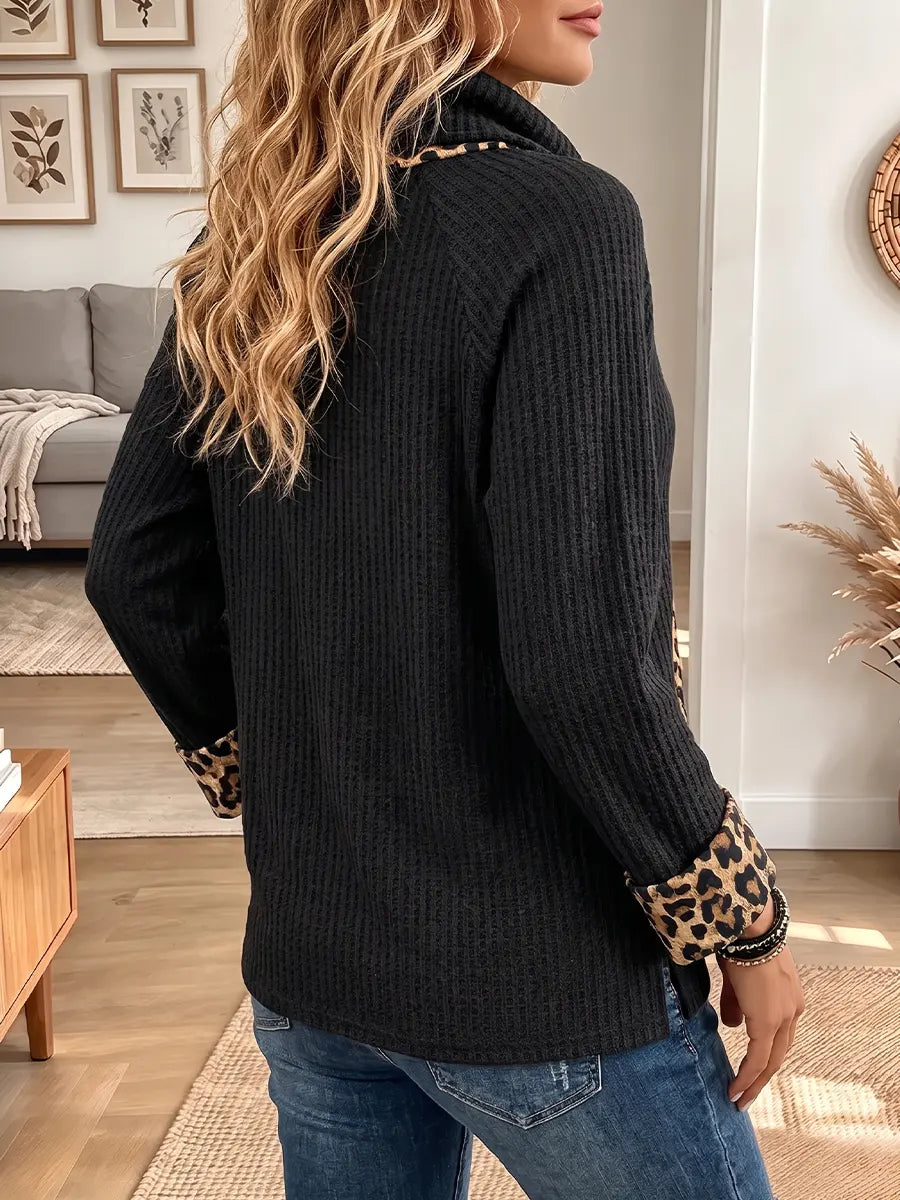 Vintage Elegant Waffle Knit Patchwork Leopard Turtleneck Shirt
